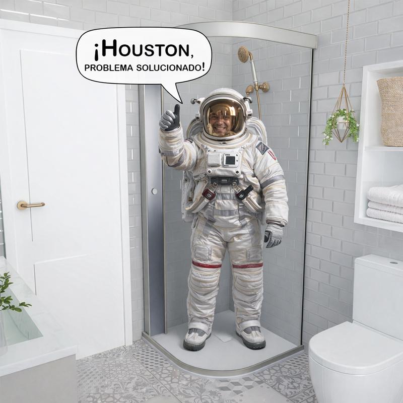 Astronauta en una ducha Maducha mostrando ventajas como ganar espacio, mejorar la accesibilidad, aumentar la seguridad y facilitar la limpieza